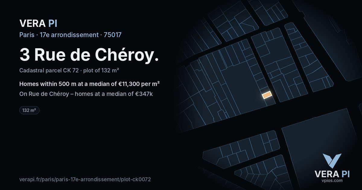 3 Rue de Chéroy, 17e arrondissement at night – the plot lit, the parcels around coloured by the prices near them