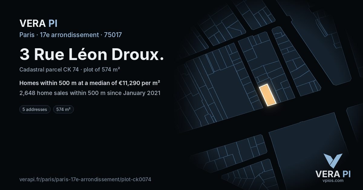 3 Rue Léon Droux, 17e arrondissement at night – the plot lit, the parcels around coloured by the prices near them