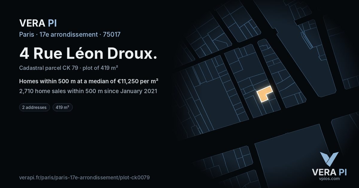 4 Rue Léon Droux, 17e arrondissement at night – the plot lit, the parcels around coloured by the prices near them