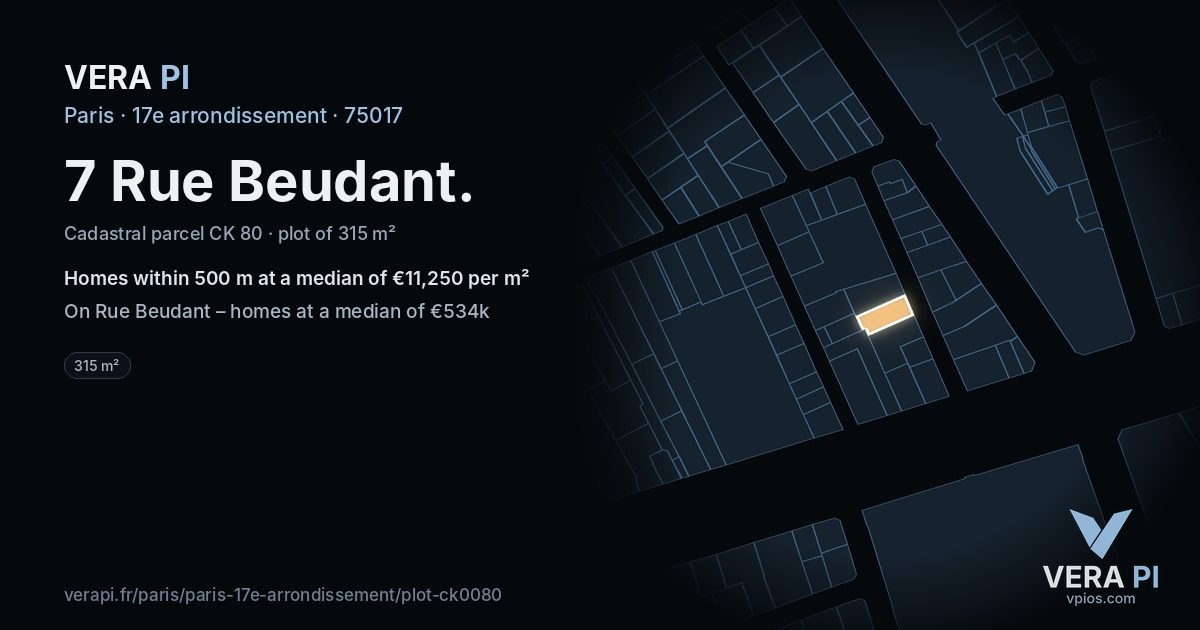 7 Rue Beudant, 17e arrondissement at night – the plot lit, the parcels around coloured by the prices near them