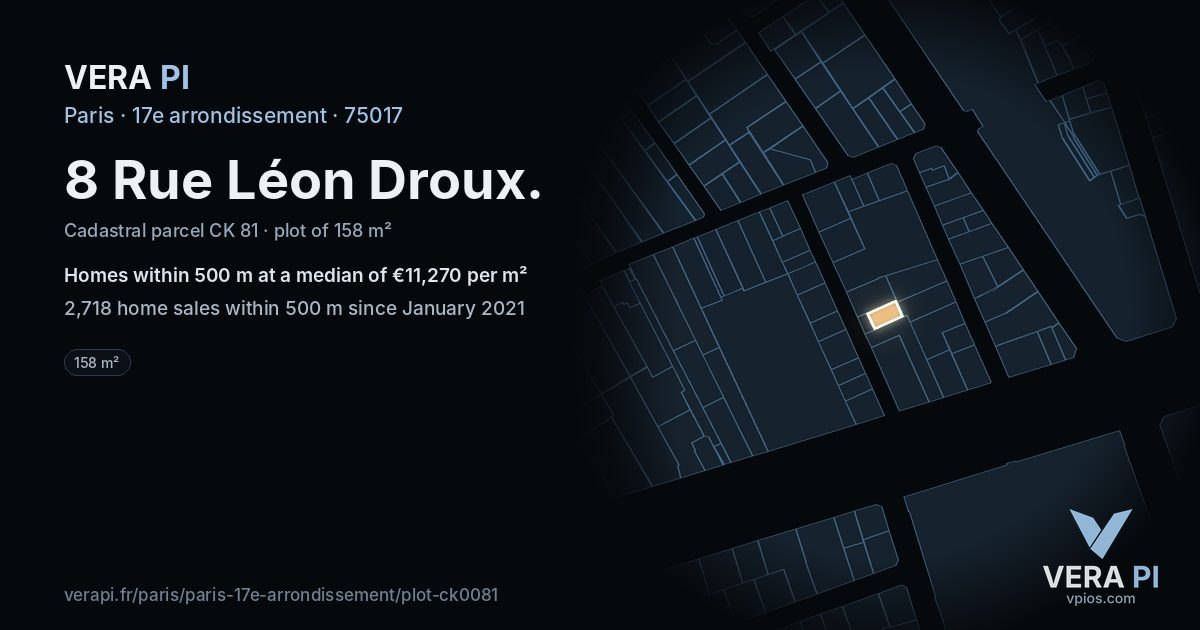 8 Rue Léon Droux, 17e arrondissement at night – the plot lit, the parcels around coloured by the prices near them