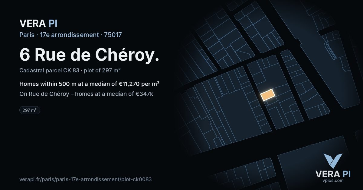6 Rue de Chéroy, 17e arrondissement at night – the plot lit, the parcels around coloured by the prices near them
