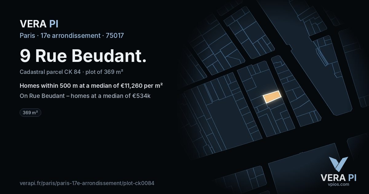 9 Rue Beudant, 17e arrondissement at night – the plot lit, the parcels around coloured by the prices near them