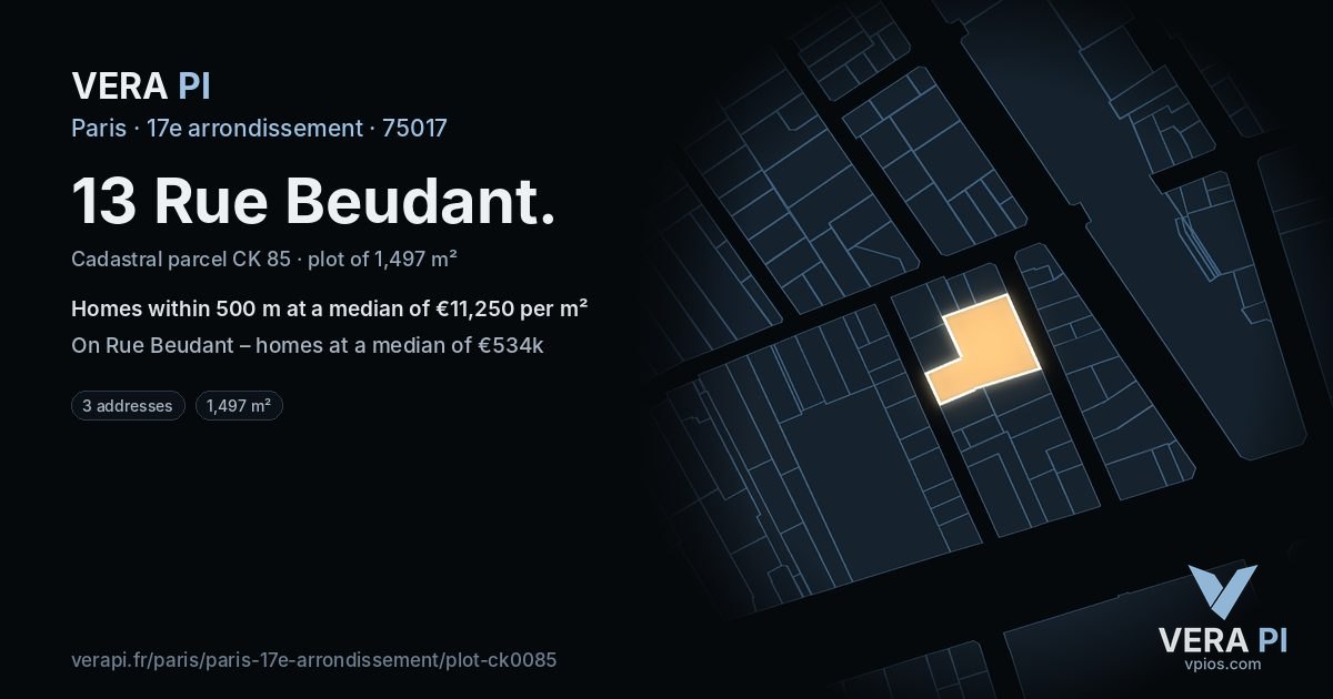 13 Rue Beudant, 17e arrondissement at night – the plot lit, the parcels around coloured by the prices near them