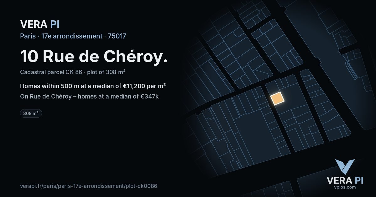 10 Rue de Chéroy, 17e arrondissement at night – the plot lit, the parcels around coloured by the prices near them