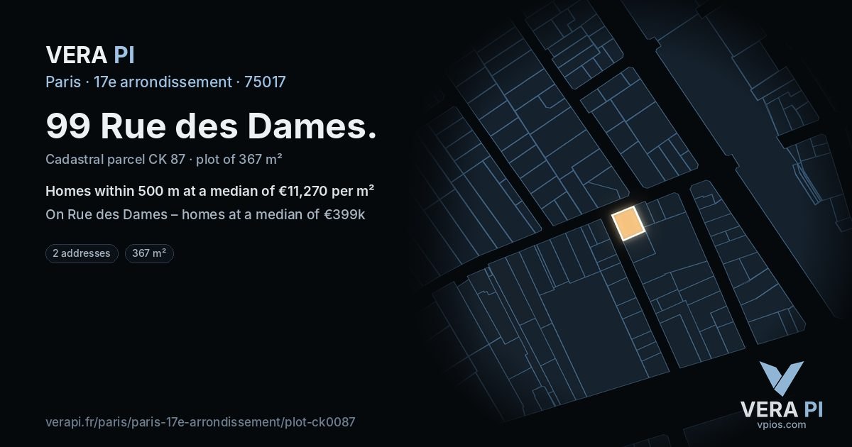 99 Rue des Dames, 17e arrondissement at night – the plot lit, the parcels around coloured by the prices near them