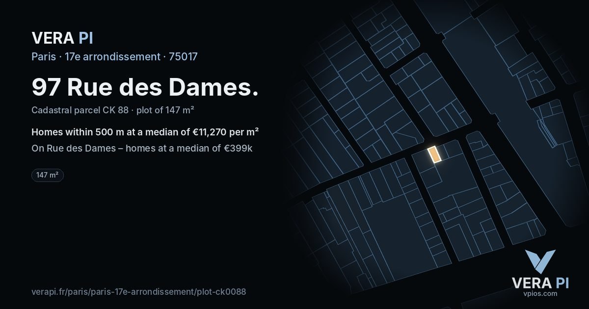 97 Rue des Dames, 17e arrondissement at night – the plot lit, the parcels around coloured by the prices near them