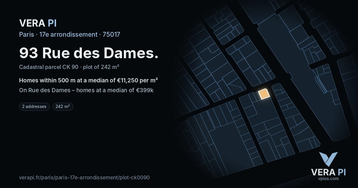 93 Rue des Dames, 17e arrondissement at night – the plot lit, the parcels around coloured by the prices near them