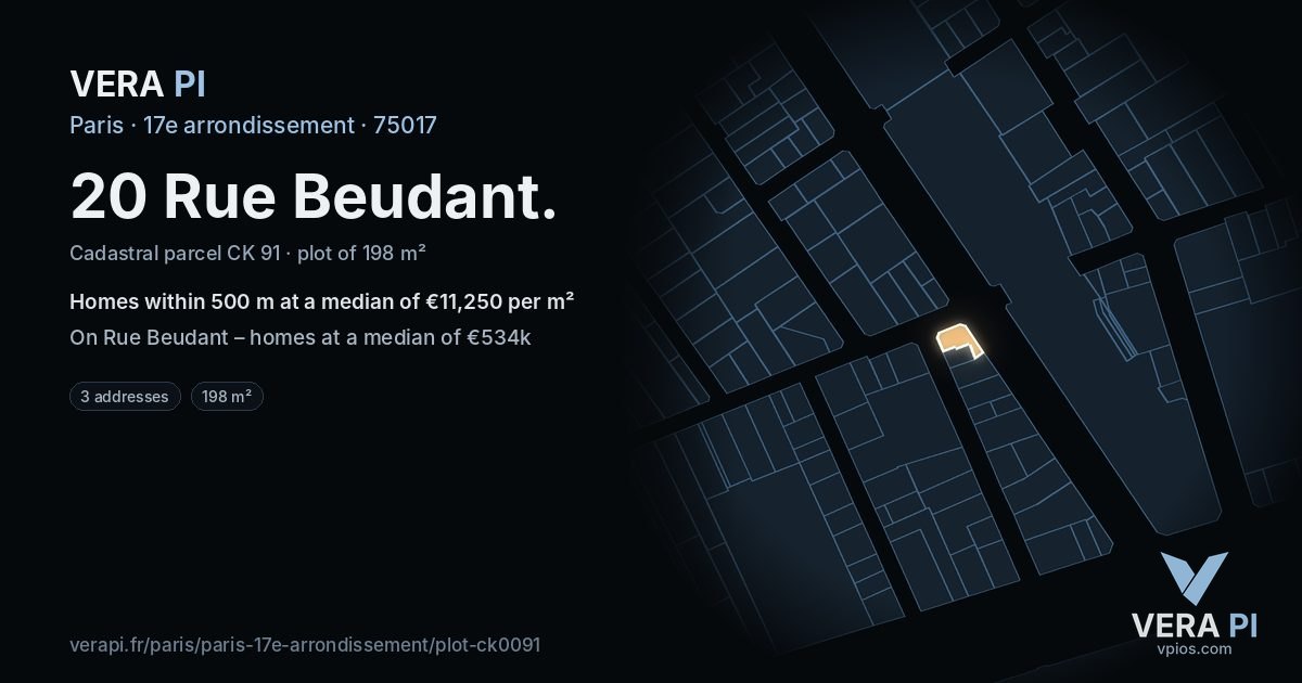 20 Rue Beudant, 17e arrondissement at night – the plot lit, the parcels around coloured by the prices near them