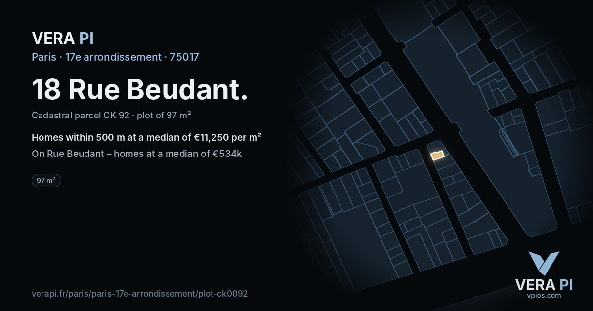 18 Rue Beudant, 17e arrondissement at night – the plot lit, the parcels around coloured by the prices near them