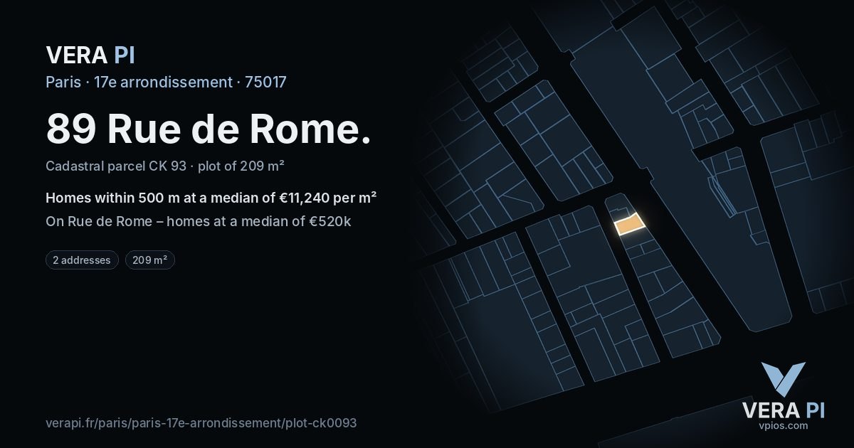 89 Rue de Rome, 17e arrondissement at night – the plot lit, the parcels around coloured by the prices near them