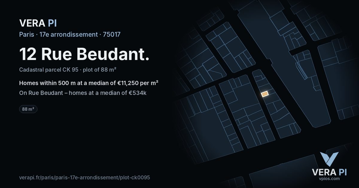 12 Rue Beudant, 17e arrondissement at night – the plot lit, the parcels around coloured by the prices near them