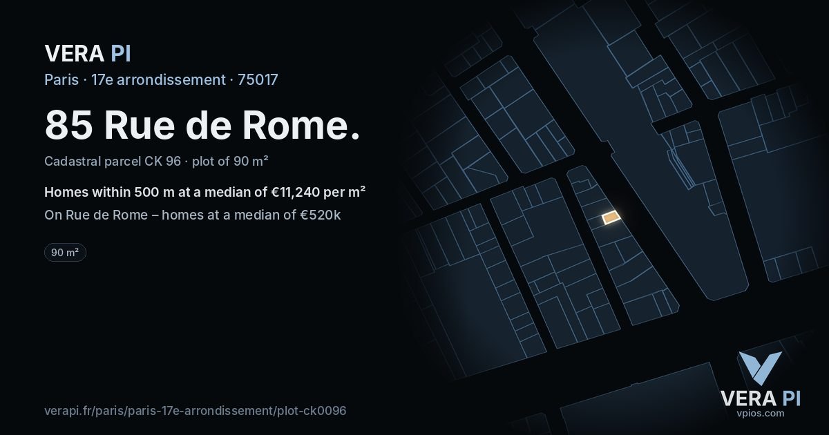 85 Rue de Rome, 17e arrondissement at night – the plot lit, the parcels around coloured by the prices near them