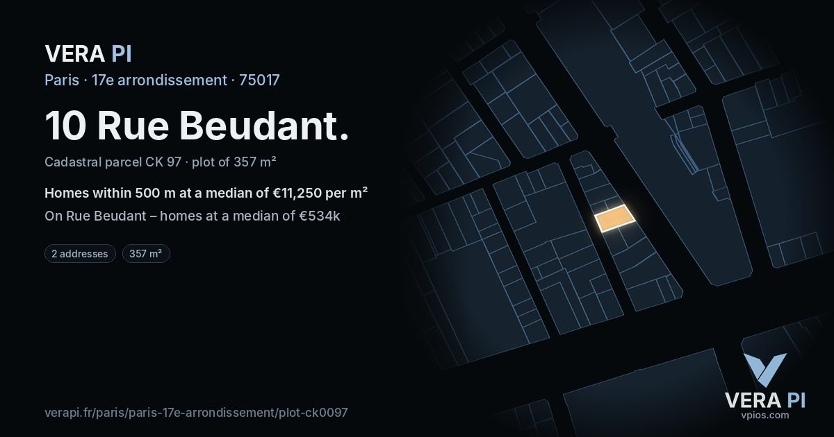 10 Rue Beudant, 17e arrondissement at night – the plot lit, the parcels around coloured by the prices near them