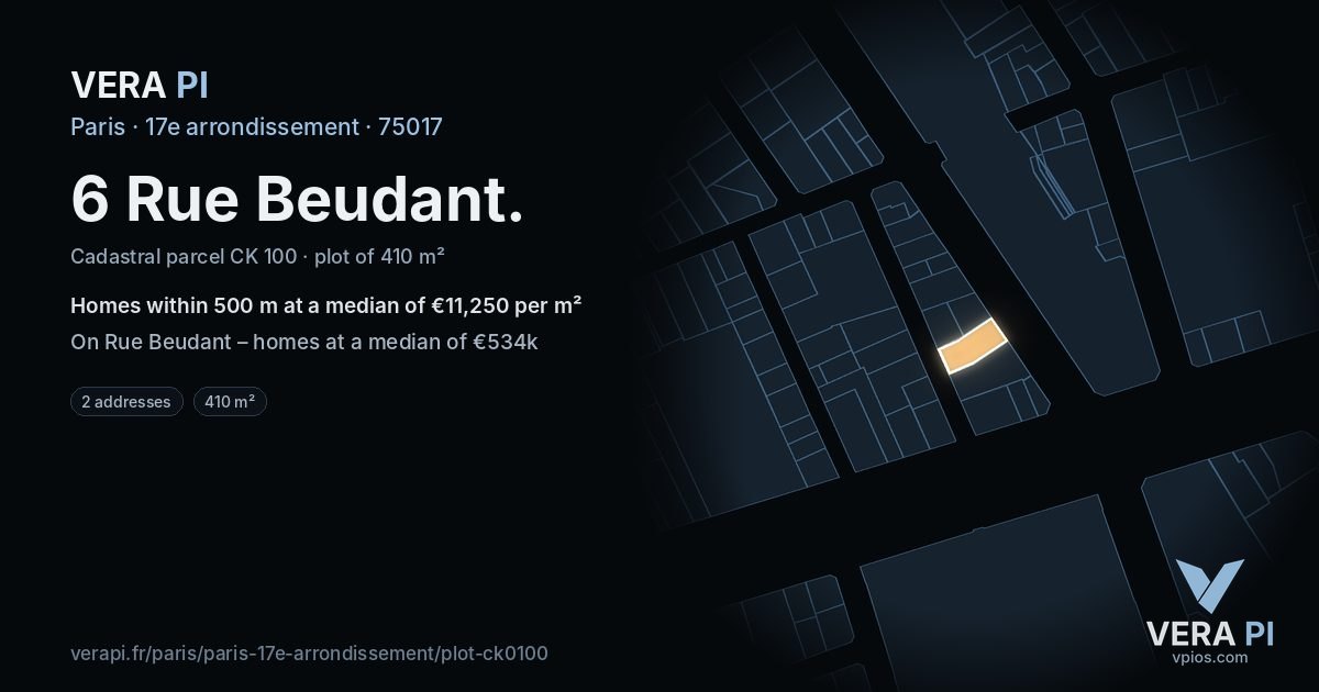 6 Rue Beudant, 17e arrondissement at night – the plot lit, the parcels around coloured by the prices near them