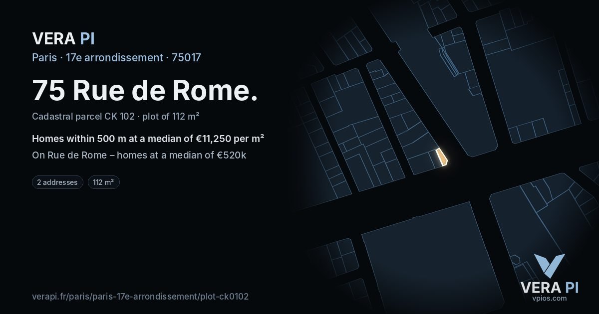 75 Rue de Rome, 17e arrondissement at night – the plot lit, the parcels around coloured by the prices near them
