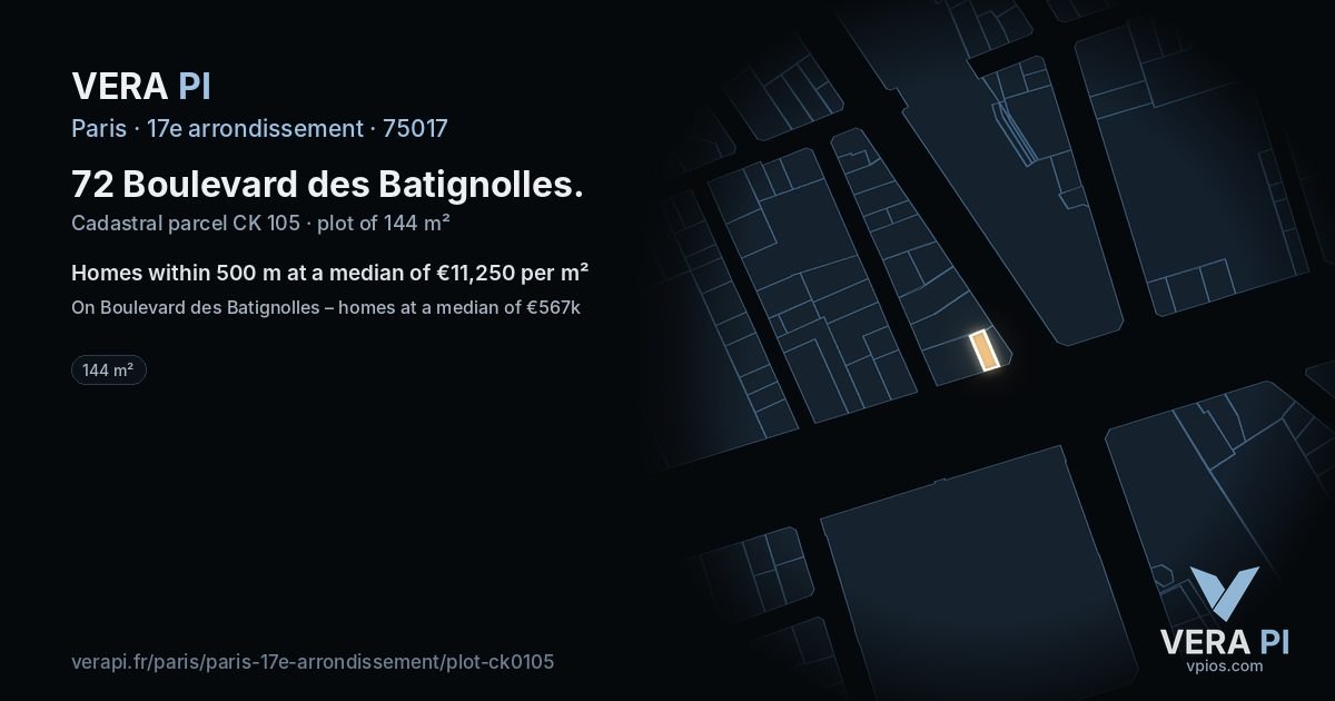 72 Boulevard des Batignolles, 17e arrondissement at night – the plot lit, the parcels around coloured by the prices near them