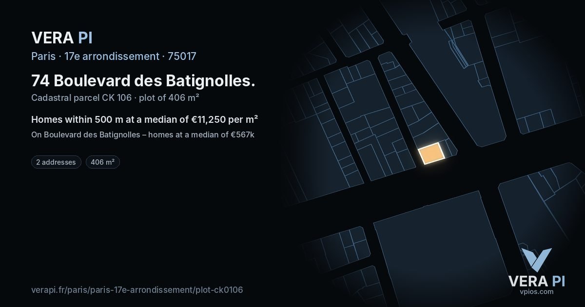 74 Boulevard des Batignolles, 17e arrondissement at night – the plot lit, the parcels around coloured by the prices near them