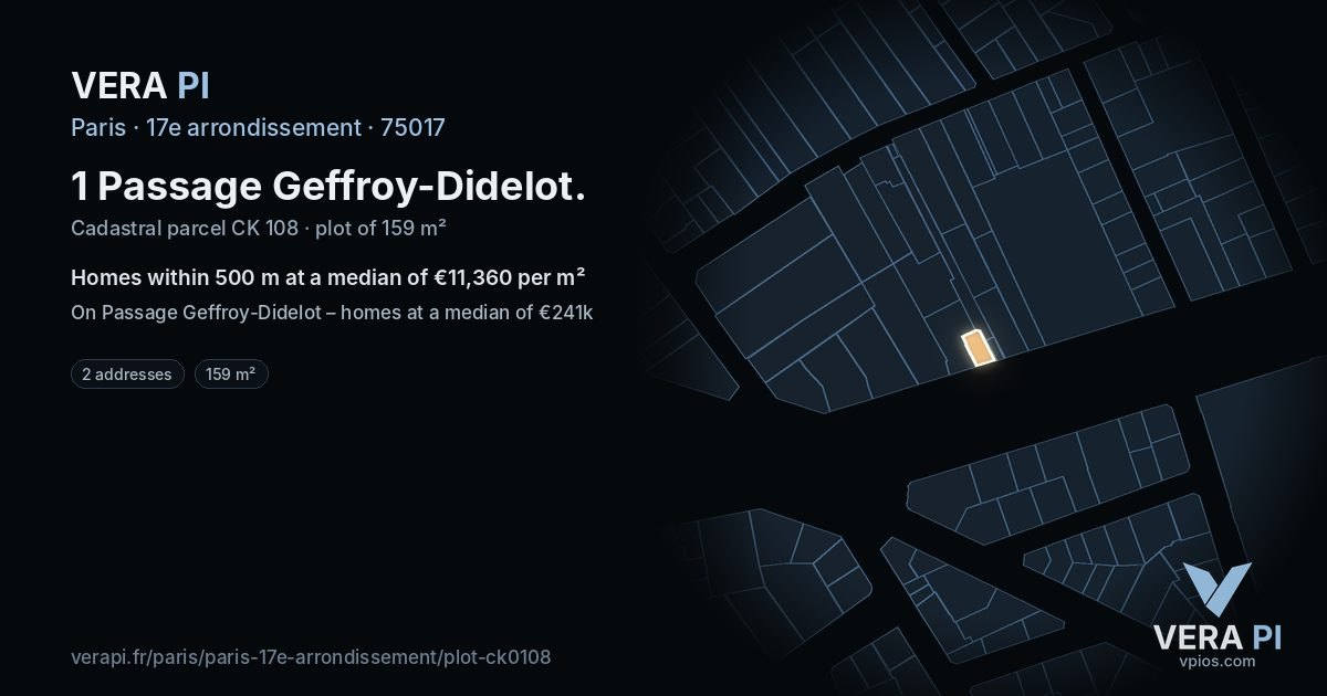 1 Passage Geffroy-Didelot, 17e arrondissement at night – the plot lit, the parcels around coloured by the prices near them