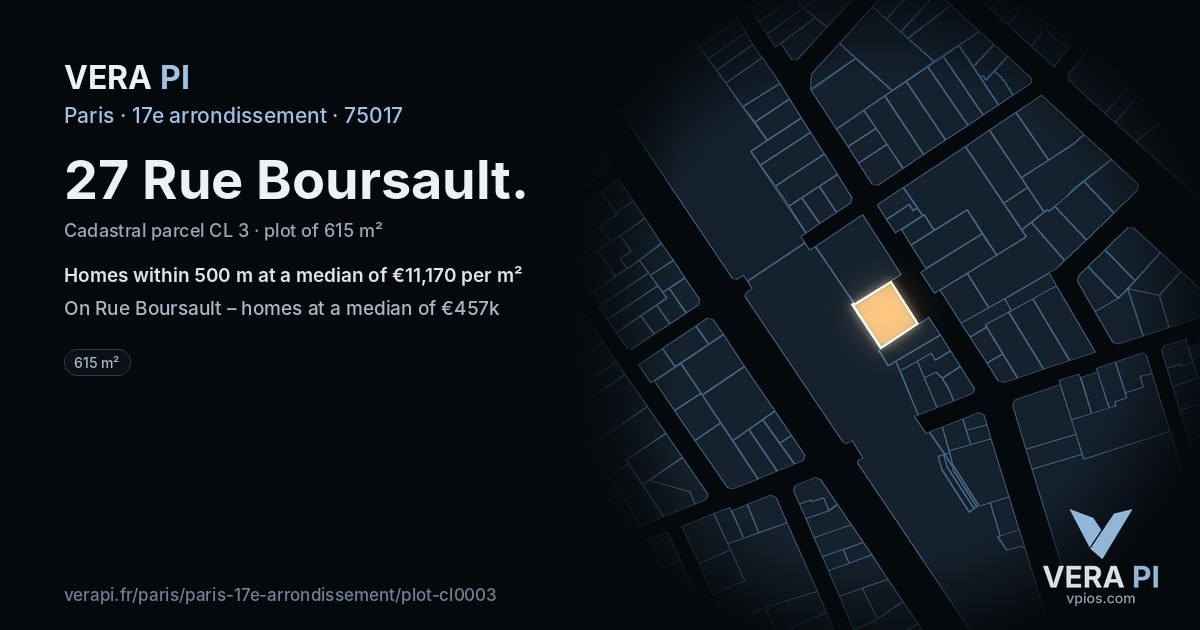 27 Rue Boursault, 17e arrondissement at night – the plot lit, the parcels around coloured by the prices near them