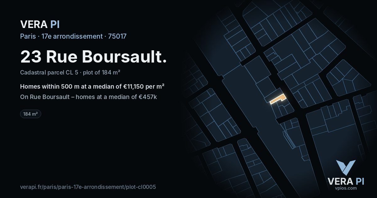 23 Rue Boursault, 17e arrondissement at night – the plot lit, the parcels around coloured by the prices near them
