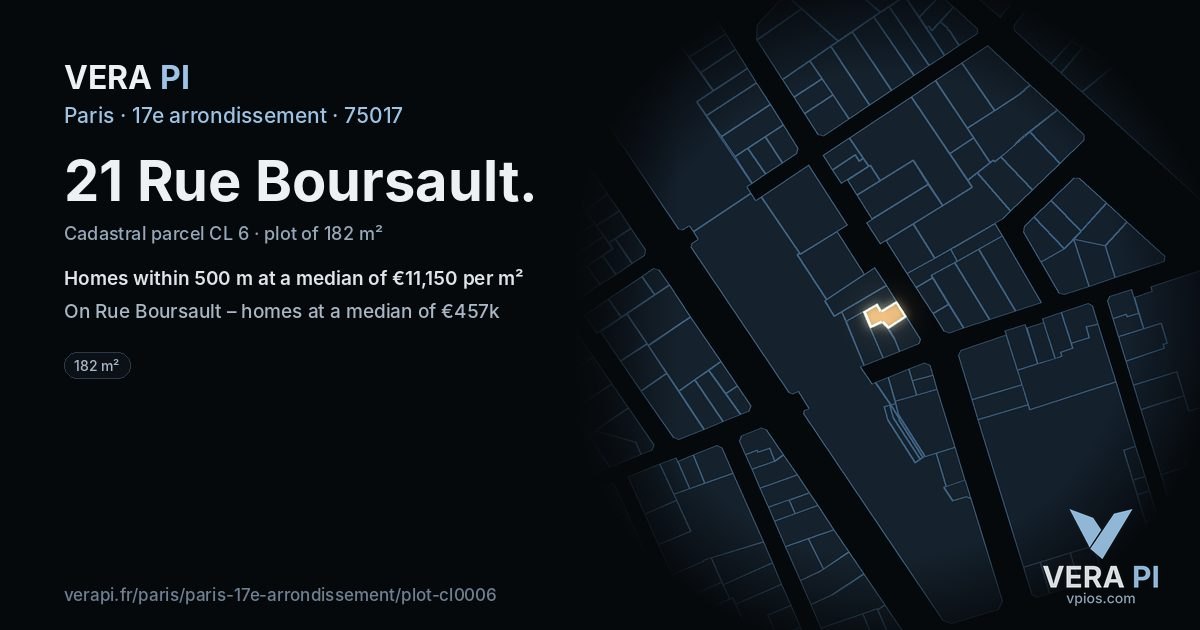 21 Rue Boursault, 17e arrondissement at night – the plot lit, the parcels around coloured by the prices near them