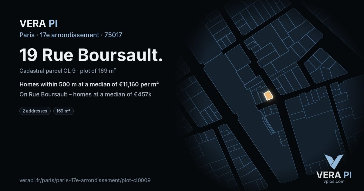 19 Rue Boursault, 17e arrondissement at night – the plot lit, the parcels around coloured by the prices near them