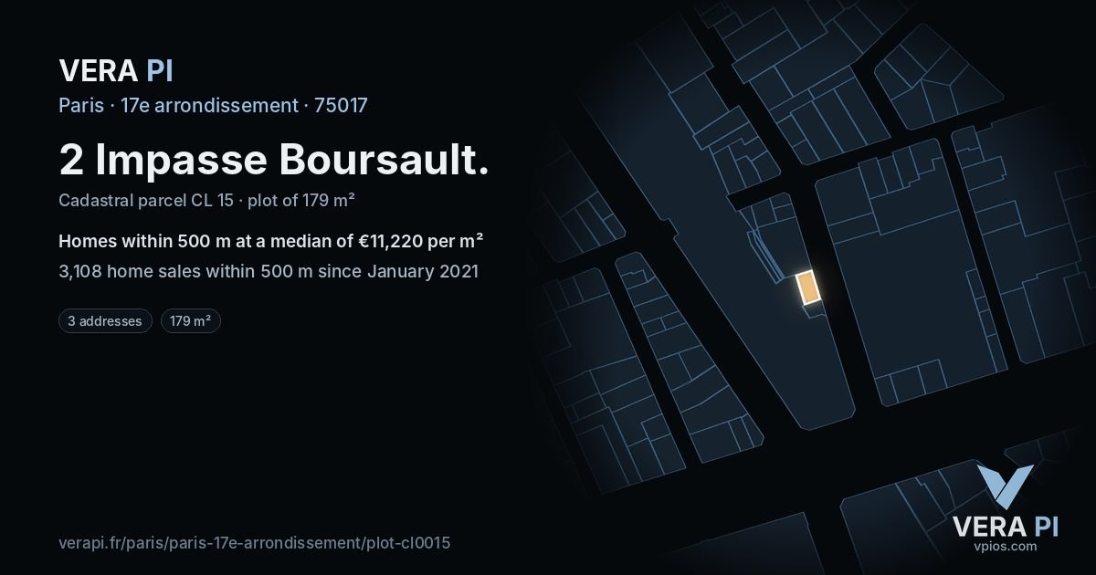 2 Impasse Boursault, 17e arrondissement at night – the plot lit, the parcels around coloured by the prices near them