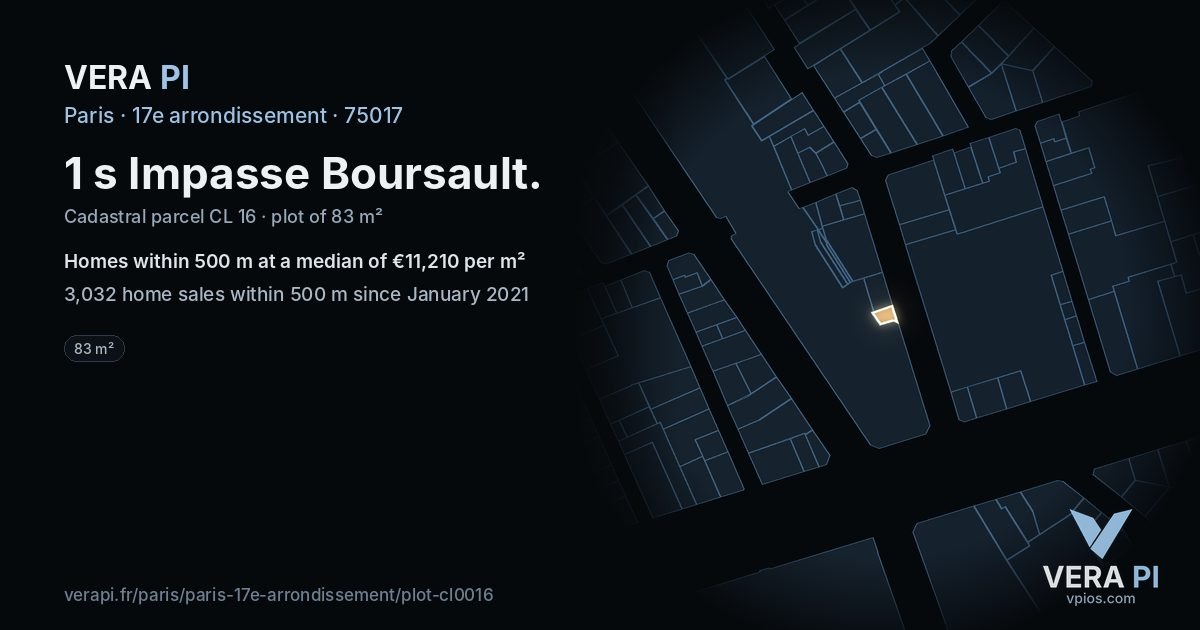 1 s Impasse Boursault, 17e arrondissement at night – the plot lit, the parcels around coloured by the prices near them