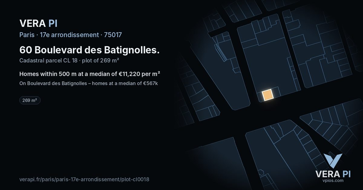 60 Boulevard des Batignolles, 17e arrondissement at night – the plot lit, the parcels around coloured by the prices near them