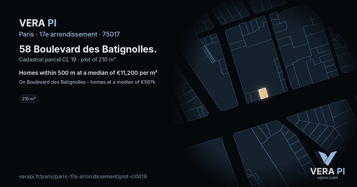 58 Boulevard des Batignolles, 17e arrondissement at night – the plot lit, the parcels around coloured by the prices near them
