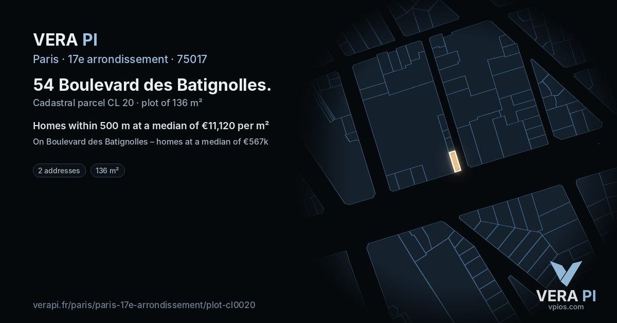 54 Boulevard des Batignolles, 17e arrondissement at night – the plot lit, the parcels around coloured by the prices near them