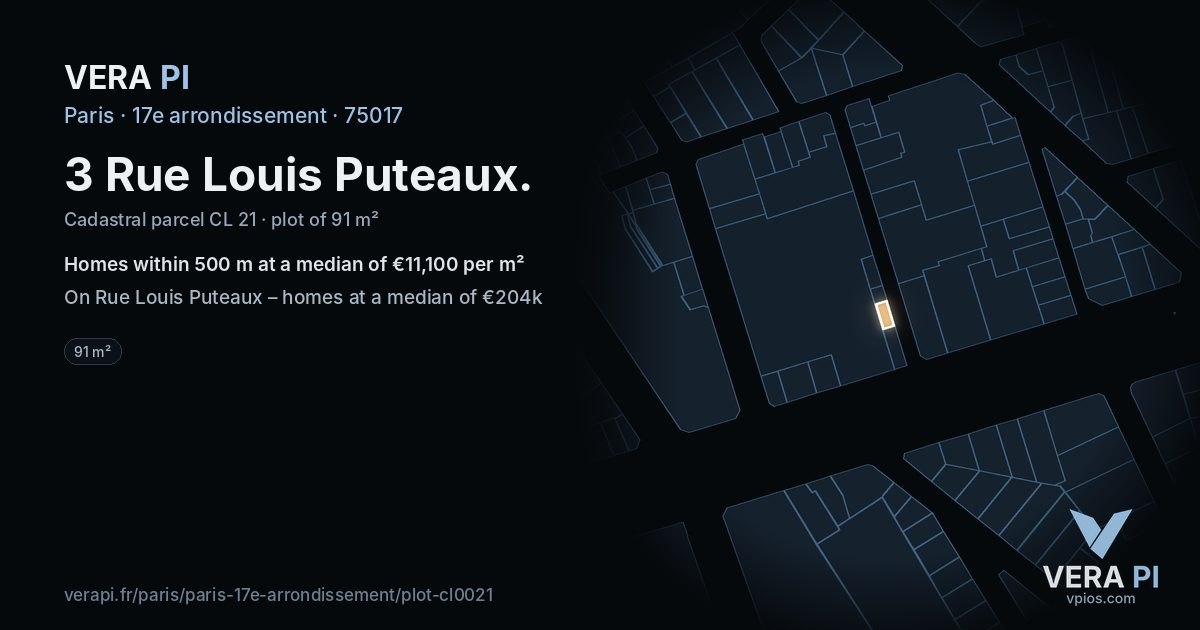 3 Rue Louis Puteaux, 17e arrondissement at night – the plot lit, the parcels around coloured by the prices near them