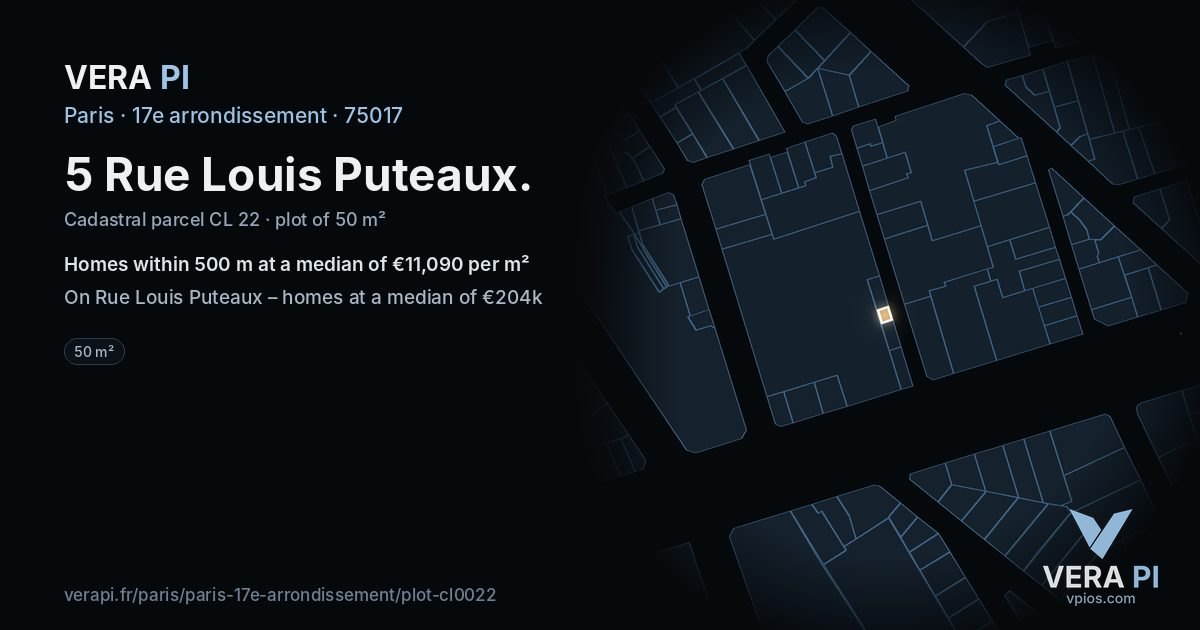 5 Rue Louis Puteaux, 17e arrondissement at night – the plot lit, the parcels around coloured by the prices near them