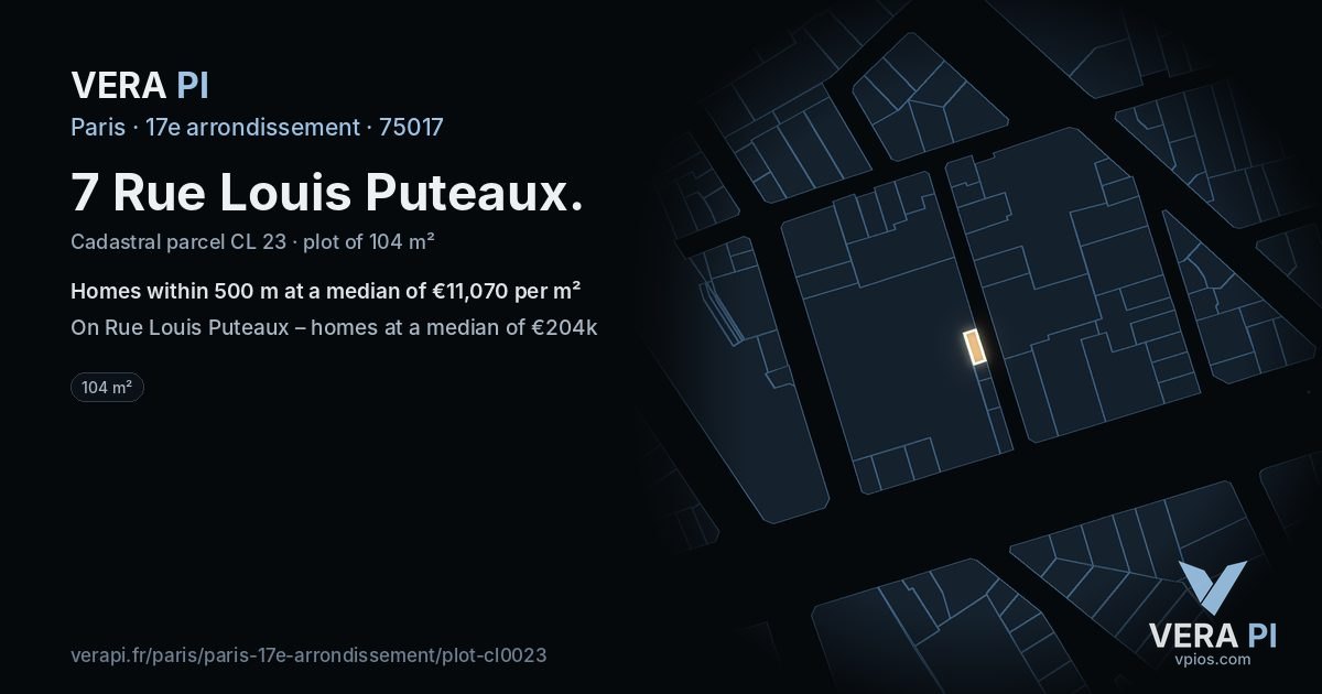 7 Rue Louis Puteaux, 17e arrondissement at night – the plot lit, the parcels around coloured by the prices near them