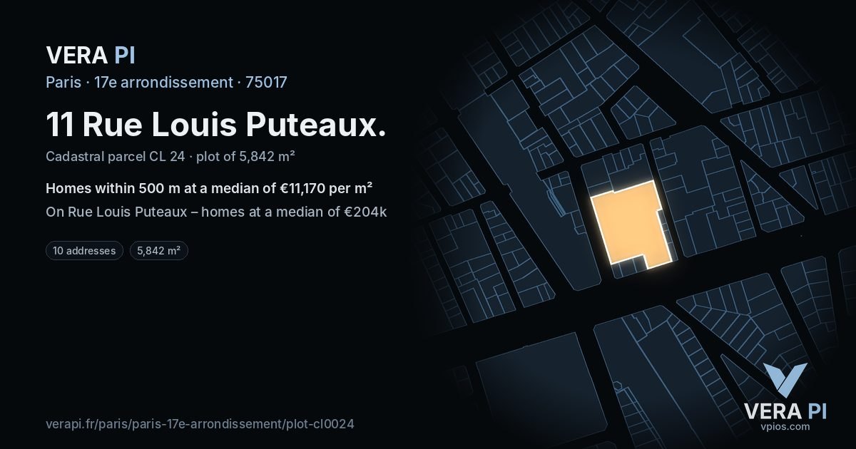 11 Rue Louis Puteaux, 17e arrondissement at night – the plot lit, the parcels around coloured by the prices near them