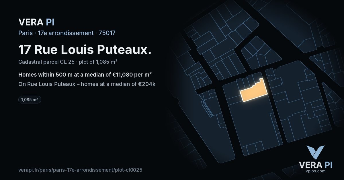 17 Rue Louis Puteaux, 17e arrondissement at night – the plot lit, the parcels around coloured by the prices near them