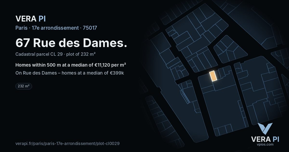 67 Rue des Dames, 17e arrondissement at night – the plot lit, the parcels around coloured by the prices near them