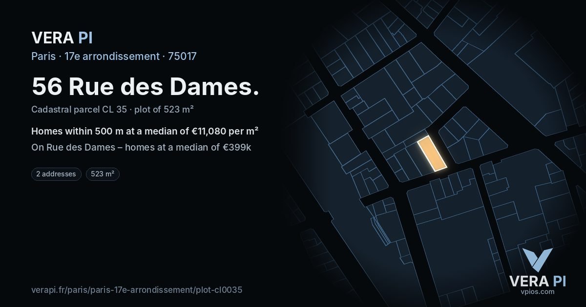 56 Rue des Dames, 17e arrondissement at night – the plot lit, the parcels around coloured by the prices near them