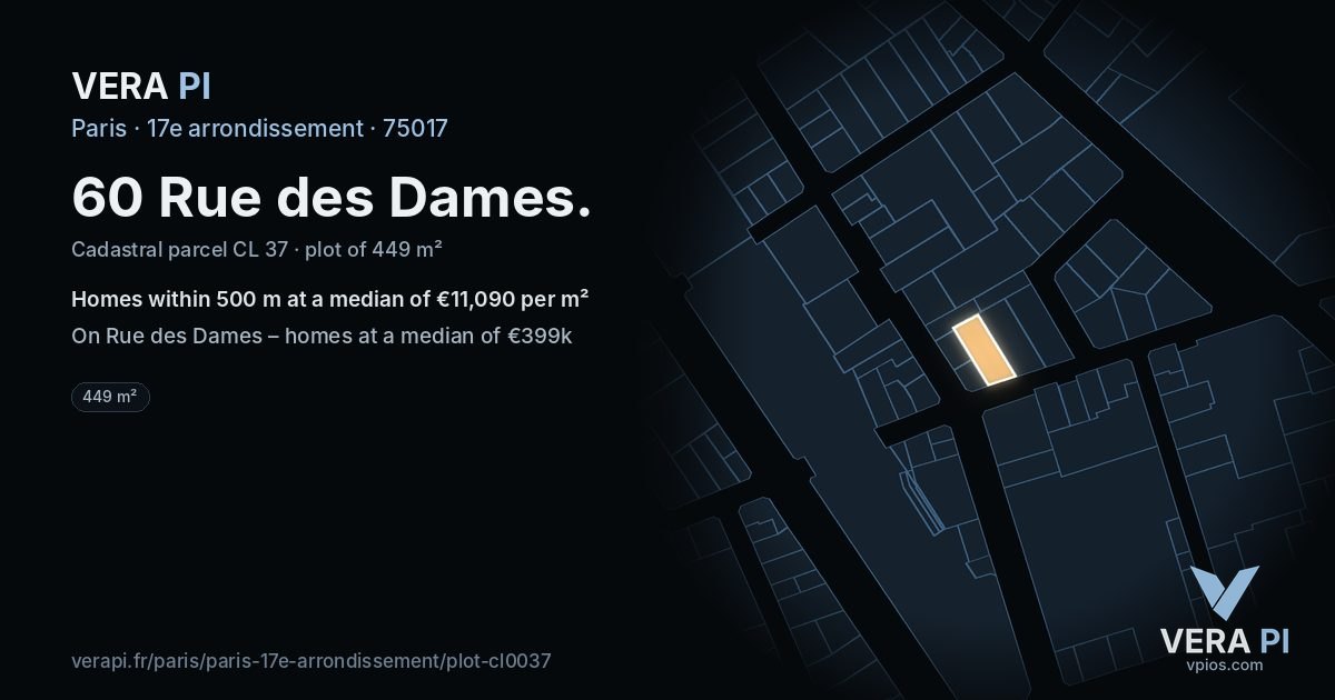 60 Rue des Dames, 17e arrondissement at night – the plot lit, the parcels around coloured by the prices near them