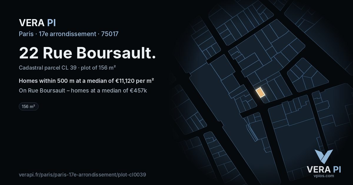 22 Rue Boursault, 17e arrondissement at night – the plot lit, the parcels around coloured by the prices near them