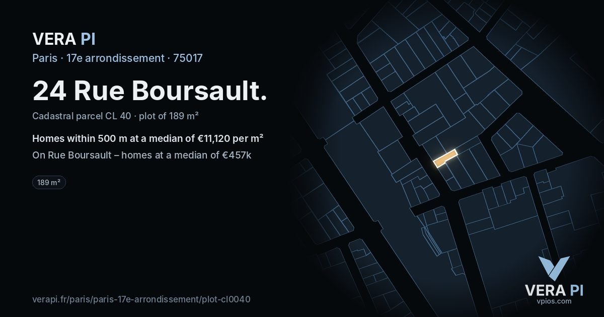 24 Rue Boursault, 17e arrondissement at night – the plot lit, the parcels around coloured by the prices near them