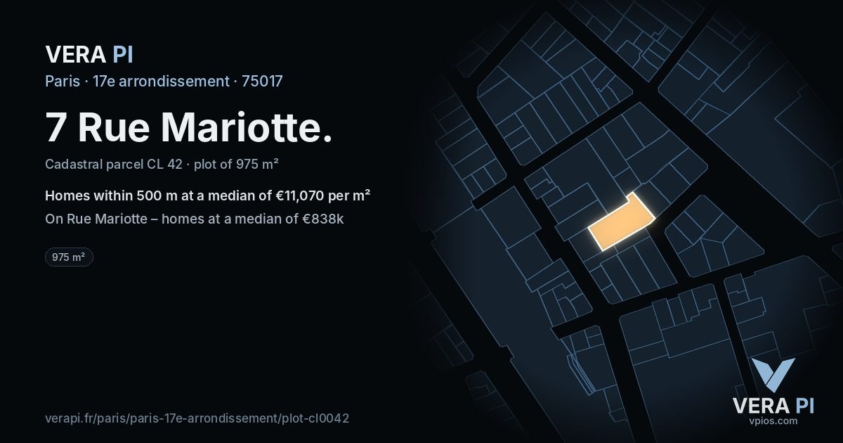 7 Rue Mariotte, 17e arrondissement at night – the plot lit, the parcels around coloured by the prices near them