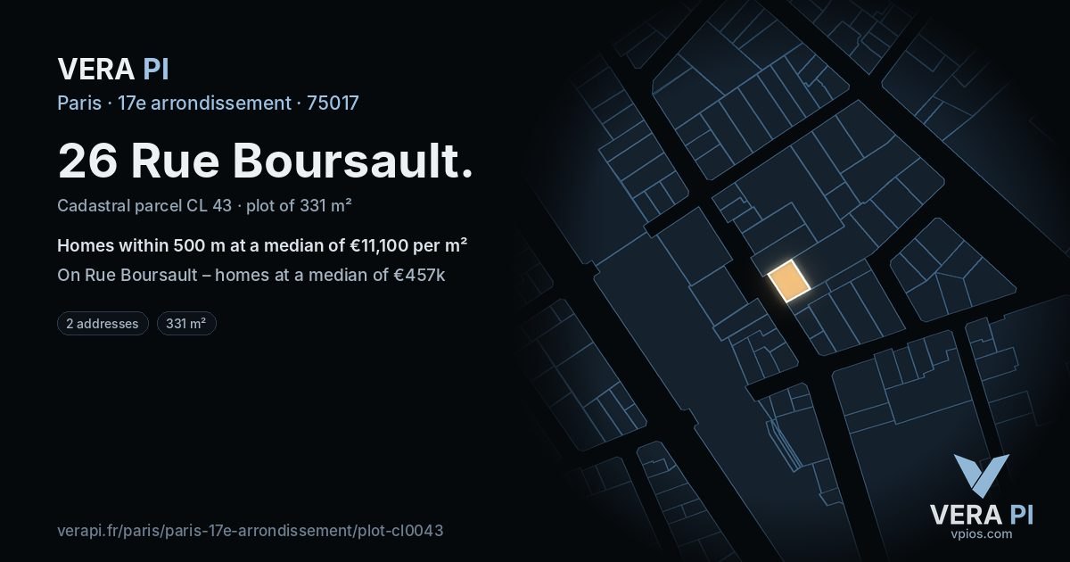 26 Rue Boursault, 17e arrondissement at night – the plot lit, the parcels around coloured by the prices near them