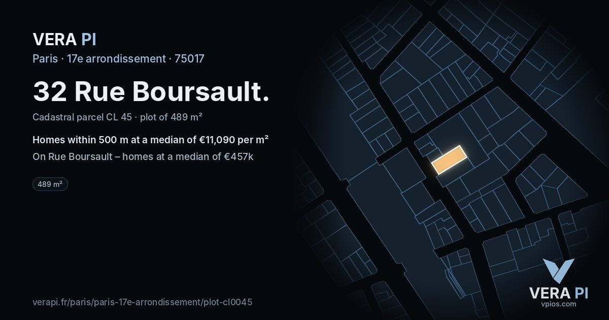 32 Rue Boursault, 17e arrondissement at night – the plot lit, the parcels around coloured by the prices near them