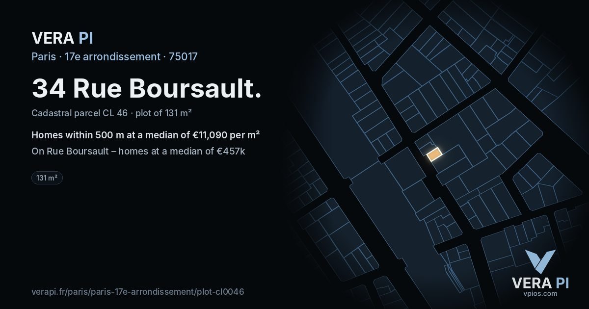 34 Rue Boursault, 17e arrondissement at night – the plot lit, the parcels around coloured by the prices near them