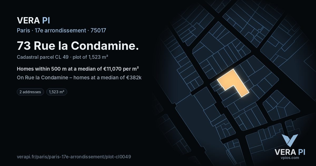 73 Rue la Condamine, 17e arrondissement at night – the plot lit, the parcels around coloured by the prices near them
