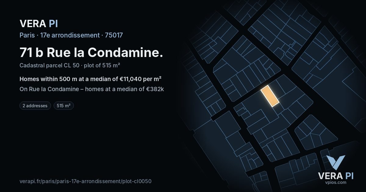 71 b Rue la Condamine, 17e arrondissement at night – the plot lit, the parcels around coloured by the prices near them