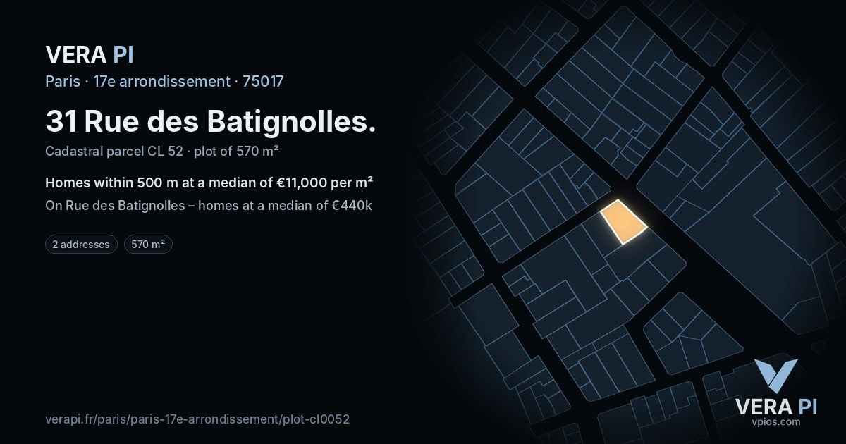 31 Rue des Batignolles, 17e arrondissement at night – the plot lit, the parcels around coloured by the prices near them