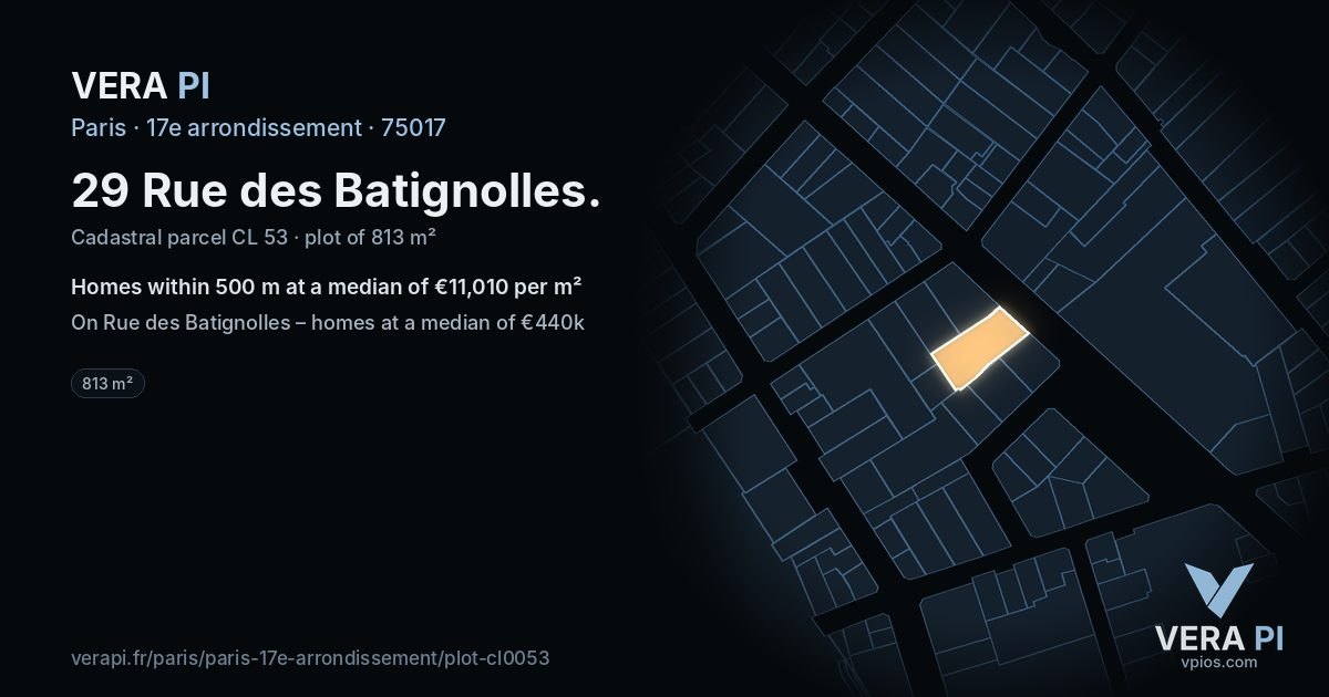 29 Rue des Batignolles, 17e arrondissement at night – the plot lit, the parcels around coloured by the prices near them